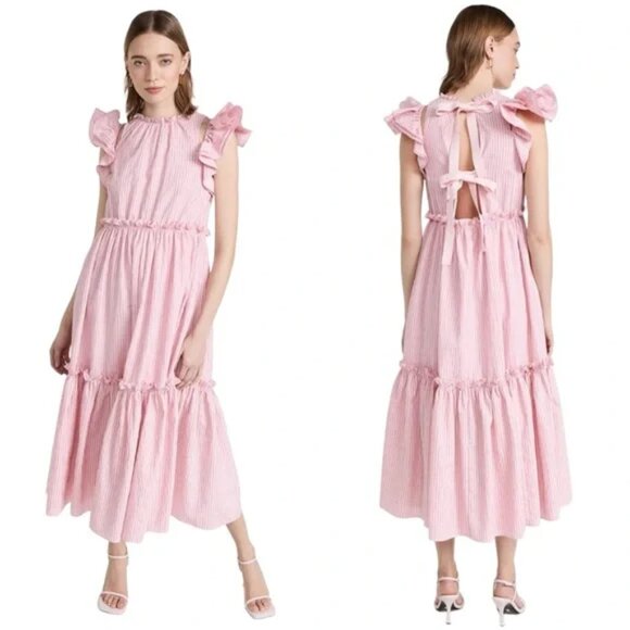 Cinq a Sept Women's Sofia Stripe Yanin Midi Ruffle Sleeve Dress Pink 10 - Picture 2 of 7